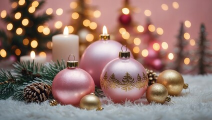 Fototapeta premium Pastel Pink and Gold Seasonal Scene. Elegant Christmas Baubels with Christmas Tree and Candles 