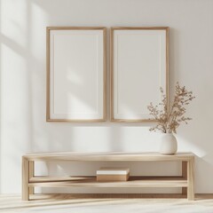 A bright room features minimalist decor with two framed artworks, a wooden bench, and a delicate dried branch in a vase.