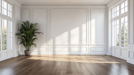 Fototapeta premium A bright and airy living room with white walls and large windows. The room is empty except for a potted plant in the corner.