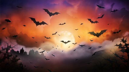 Bats flying at dusk in spooky landscape