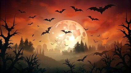 Bats flying at dusk in spooky landscape
