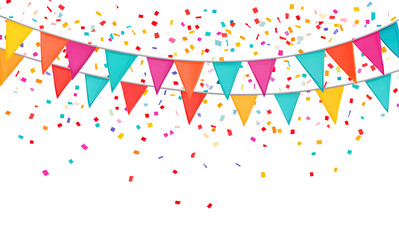 The background is white, with colorful flags and confetti hanging on the sides. The colors include reds design, yellows, greens, blues, purples, pinks, oranges, dark green design