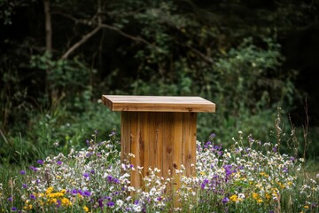 Wooden podium surrounded by blooming wildflowers, set in an outdoor ceremony against a serene natural backdrop