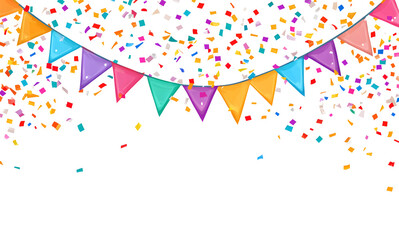 The background is white, with colorful flags and confetti hanging on the sides. The colors include reds design, yellows, greens, blues, purples, pinks, oranges, dark green design