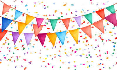 The background is white, with colorful flags and confetti hanging on the sides. The colors include reds design, yellows, greens, blues, purples, pinks, oranges, dark green design