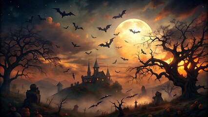 Bats flying at dusk in spooky landscape
