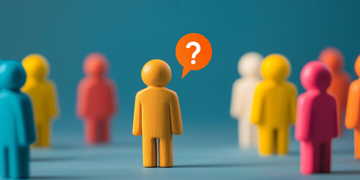 Brightly colored figures, one with a speech bubble and question mark, symbolizing uncertainty, choice, and identity within a group.