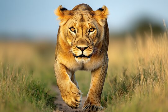 A lioness hunting in the tall grasses, her golden coat blending with the landscape as she stalks her prey, showcasing the raw power of the savannah's predators