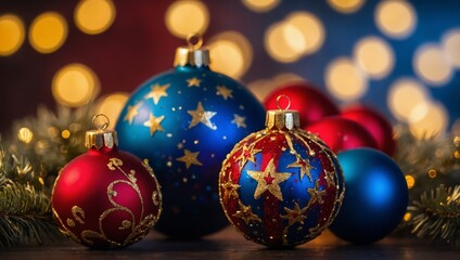 red and blue christmas balls with golden stars