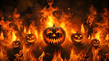 Pumpkins on fire in spooky Halloween scene.