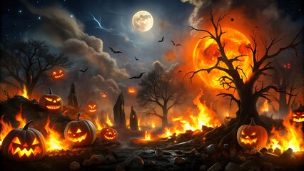 Pumpkins on fire in spooky Halloween scene.