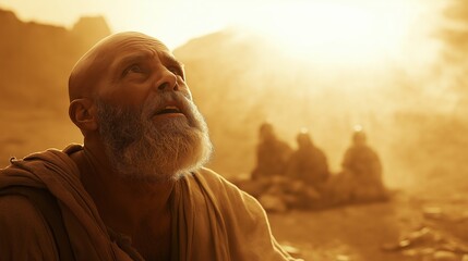 Cinematic, bald and bearded Saul of Tarsus, around 50 years old, kneeling on the dusty road to Damascus, blinded by a bright © Daniel