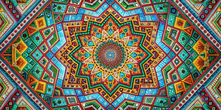 Create a striking, colorful geomatic design with intricate, symmetrical shapes, ideal for modern projects seeking to merge elegance with contemporary visual appeal.