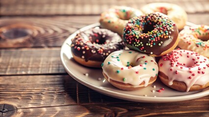 Plate of mini donuts topped with colorful icing and sprinkles, creating a vibrant and sweet treat display.