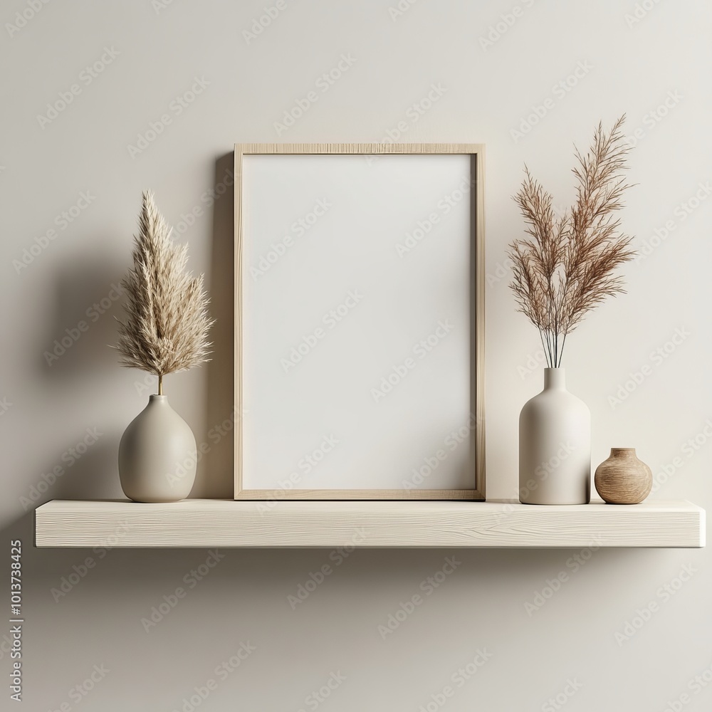 Poster a minimalist image showing a wooden shelf with a blank frame and two vases of pampas, highlighting s