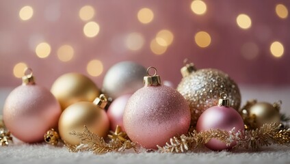 Fototapeta premium Seasonal Baubels. Pastel Pink and Gold Christmas Background