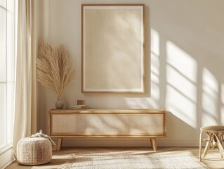 A cozy minimalist corner with wooden furniture, pampas grass, and a large frame, bathed in soft natural light for serenity.