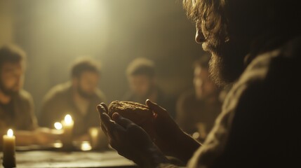 Cinematic, close-up of Jesus hands breaking the bread, the soft candlelight casting warm shadows.