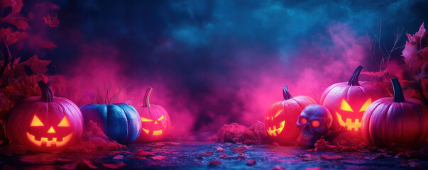Neon carved purple pumpkins jack-o-lantern with glowing yellow eyes and month, skulls with glowing eyes on neon purple blue background. Mockup, template for design with copy space. Halloween decor