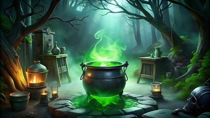 Glowing green cauldron with magical potion.