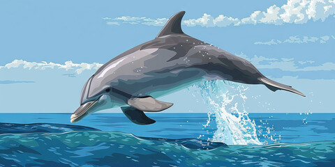 Fototapeta premium A playful dolphin leaping out of the ocean, its gray body contrasting against the deep blue sea and tropical sky.
