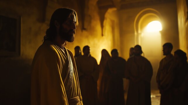 Jesus standing silently while false witnesses argue and accuse Him
