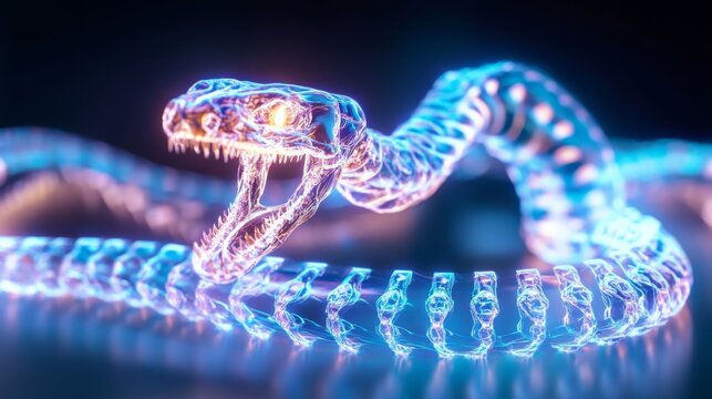 Glowing Skeleton Snake Slithering on Path in Dark, Surreal Conceptual Image