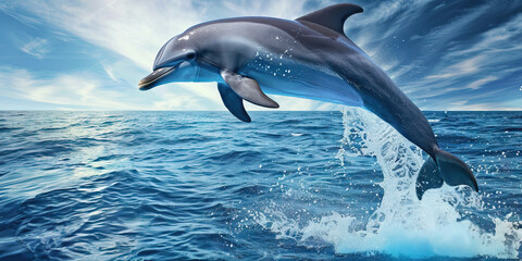 Obraz premium A playful dolphin leaping out of the ocean, its gray body contrasting against the deep blue sea and tropical sky.
