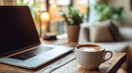 A laptop computer and a cup of cappuccino with a heart-shaped design in the foam on a rustic wooden table in a cafe.