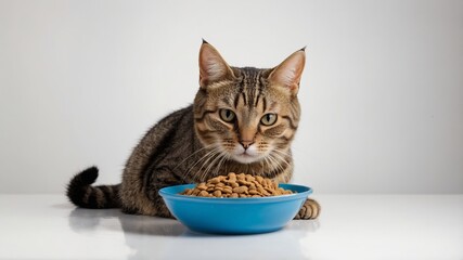 Close Up Cute cat is eating dry snacks in a bowl and isolated on white background