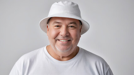 Plus size man wearing white t-shirt and white bucket hat isolated on grey background