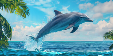 Naklejka premium A playful dolphin leaping out of the ocean, its gray body contrasting against the deep blue sea and tropical sky.