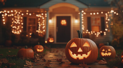 Fototapeta premium A haunted-looking front yard with carved pumpkins, fog, and Halloween lights illuminating the house entrance 