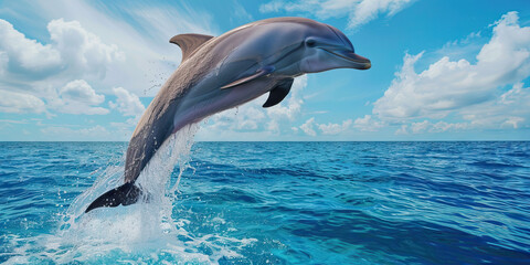 Fototapeta premium A playful dolphin leaping out of the ocean, its gray body contrasting against the deep blue sea and tropical sky.