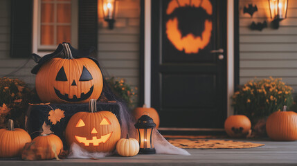 Fototapeta premium Halloween-themed porch with pumpkins, spooky cobwebs, and flickering lanterns, casting a haunting glow on the house