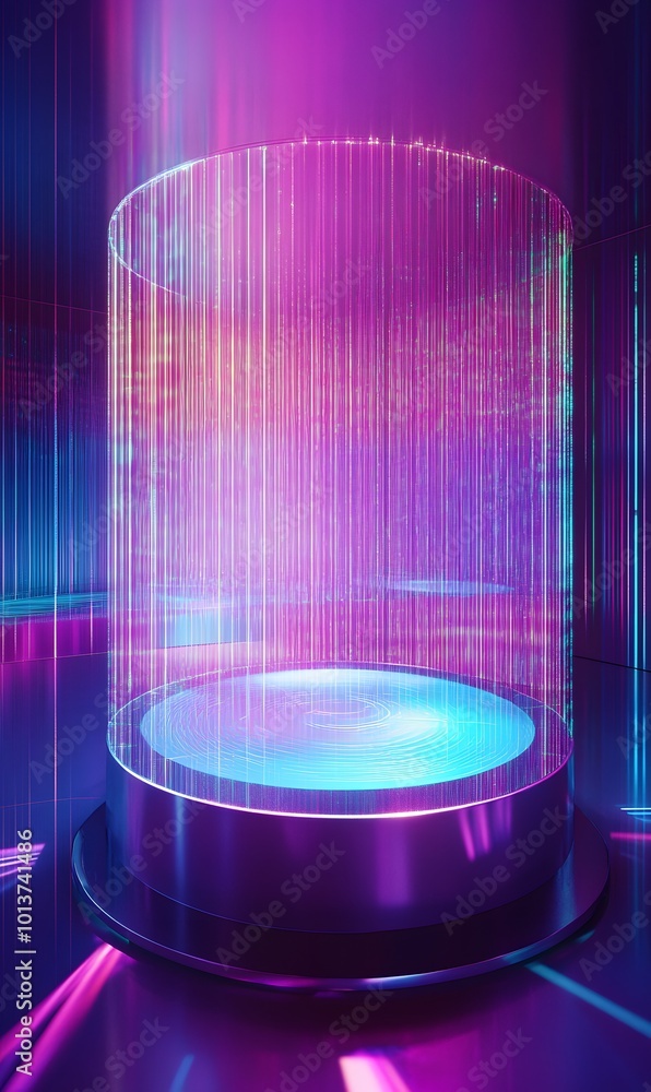 Aufkleber 2. **high-tech presentation space:** illustrate a vibrant neon podium with a 3d holographic display 