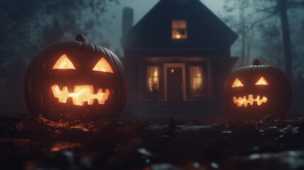Spooky Halloween pumpkins with glowing eyes placed on the front steps of a house, surrounded by eerie fog and ghostly decorations