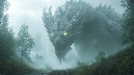 green dragon lurking in misty forest, its eyes glow ominously in the dense fog