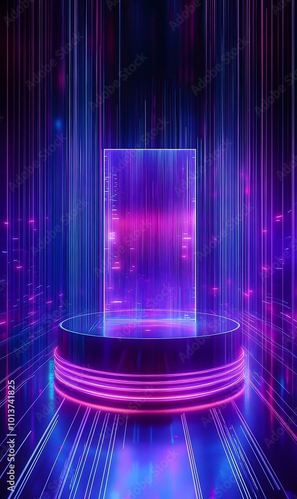 Poster 2. **high-tech presentation space:** illustrate a vibrant neon podium with a 3d holographic display 