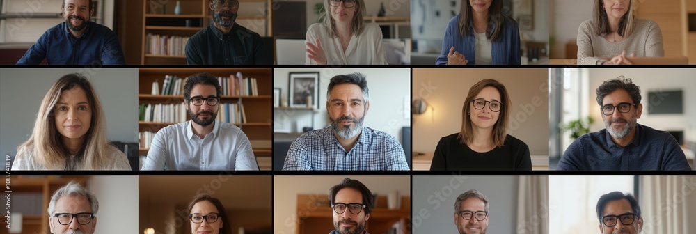 Poster a collection of diverse individuals appears on a video call, each in their well-lit home environment