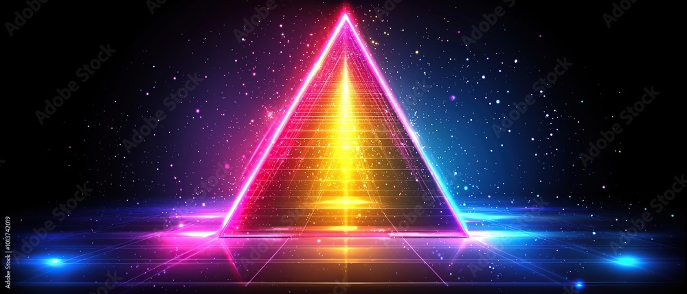 Poster a glowing neon triangle in a dark background, with a grid pattern and a sparkle effect.