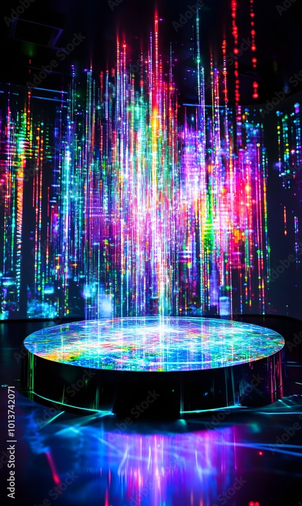 Poster 2. **high-tech presentation space:** illustrate a vibrant neon podium with a 3d holographic display 