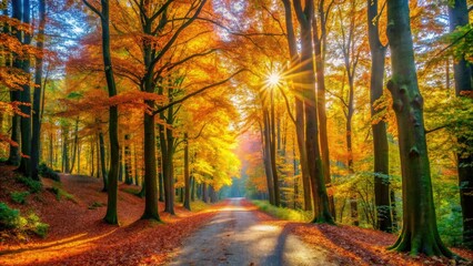 Fototapeta premium Eilenriede City Forest offers tranquil paths adorned with vivid autumn foliage, as warm sunlight filters through the trees, creating a peaceful atmosphere for wanderers.