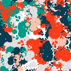Prussian blue, teal, orangey red, tea rose and platinum flowers. Seamless hand drawn pattern. Floral texture.