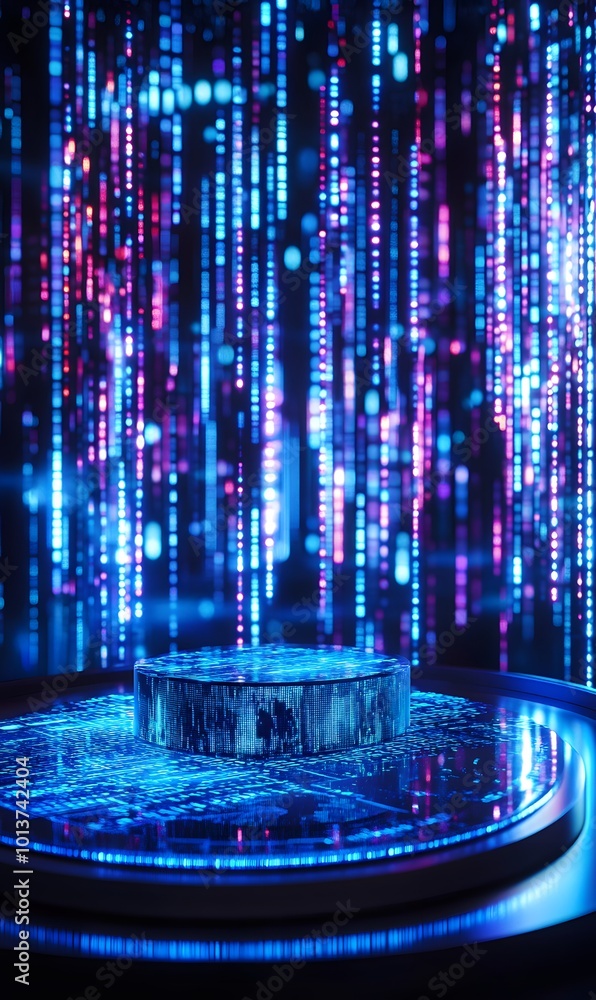 Poster 3. **digital innovation hub:** visualize a striking neon-lit podium with a holographic projection, p