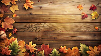  Wooden surface with scattered autumn leaves.