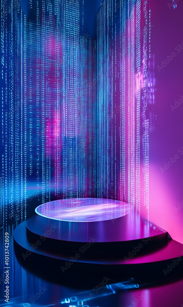 Poster 3. **digital innovation hub:** visualize a striking neon-lit podium with a holographic projection, p