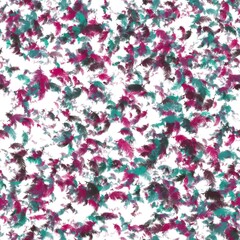 Abstract pattern of dark fuchsia,  teal, wine berry feathers on a white background. Seamless hand drawn pattern.