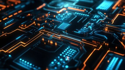 Abstract Circuit Board Glowing in Blue and Orange