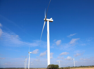 wind turbines installed in the middle of a cultivated field for the production of renewable and...